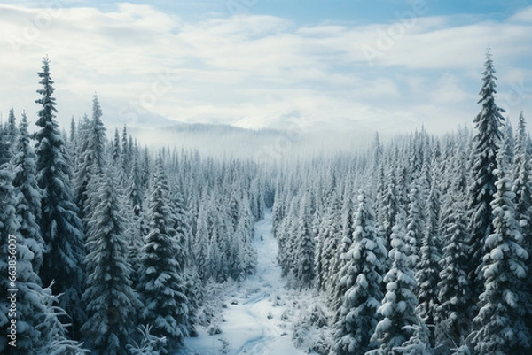 Fototapeta GENERATIVE AI: Morning Frost - Snow-Capped Forest in Colorado