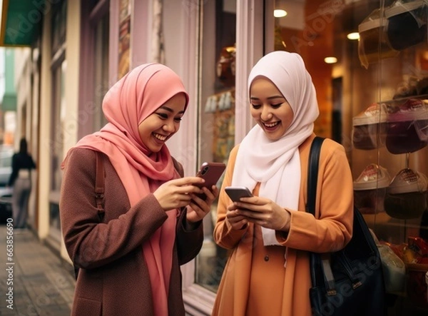 Fototapeta Two women using their smartphones on the go. Fictional characters created by Generated AI.