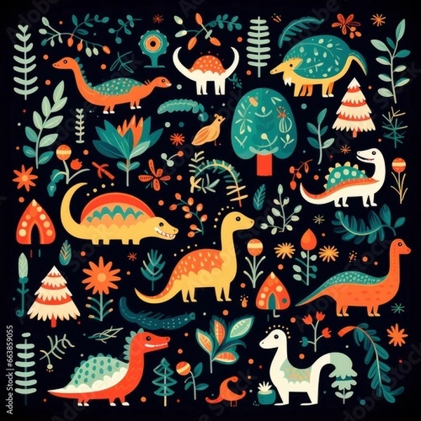 Fototapeta This imaginative illustration captures the essence of the prehistoric era with detailed dinosaurs