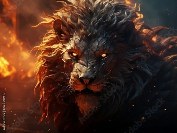 Fototapeta Fire lion art on abstract background generative ai