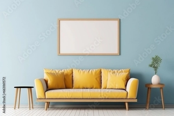 Fototapeta Blue sofa with yellow pillows and blanket  with empty blank mock up frame, scandinavian home interior