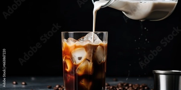 Obraz iced coffee poured into a glass on a black background, in pop culture infusion style, kimoicore, cut and stick, vintage inspired, dark white and light beige.