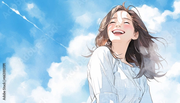 Obraz 青空と笑顔の女性のイラスト