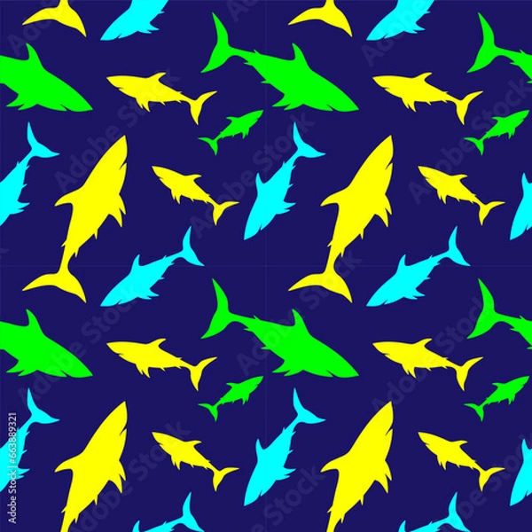 Fototapeta Shark silhouette seamless pattern. Colorful vector illustration