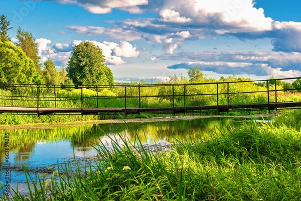 Fototapeta Summer sunny landscape with river and suspension bridge