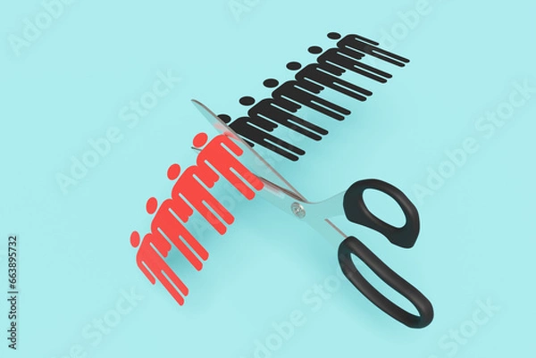 Fototapeta Scissors cutting a paper craft of a row of human shaped outline on blue background. Illustration of the concept of layoff and downsizing of staff