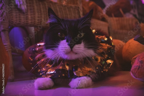 Obraz Gato negro y blanco pelo largo sesión temática de Halloween en estudio de neones