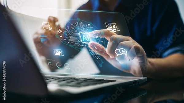 Fototapeta Artificial intelligence AI development for future of people living. Digital data and machine learning technology design for computer brain by using big data operating information in cyber system.