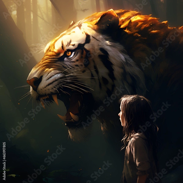 Fototapeta The tiger growls and the little girl nearby. Not afraid of the tiger, strokes it. Tigers are wild animals, and no matter how calm or tame they might appear, they can be unpredictable.