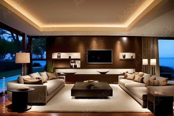 Fototapeta The living room's use of soft, ambient lighting sources, such as floor lamps and wall sconces, ensures a warm and inviting atmosphere during evening hours. Generative AI