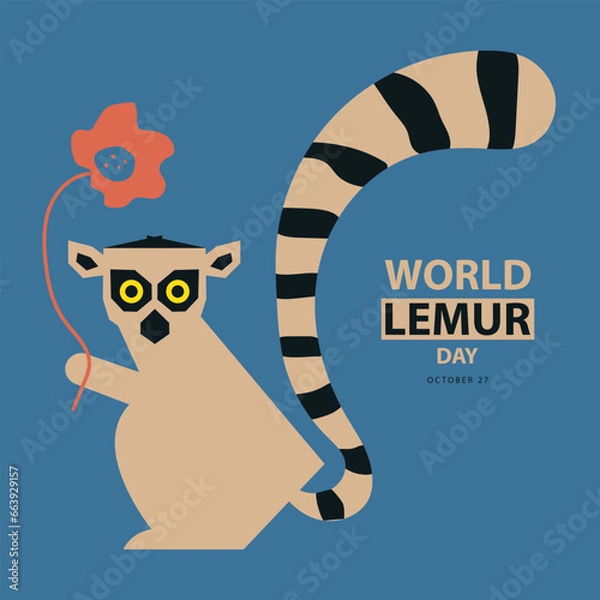 Fototapeta World Lemur Day on october 27, With concept a lemur holding a flower abstract vector illustration and text isolated on blue background for commemorate and celebrate World Lemur Day.