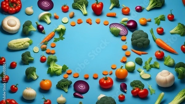 Obraz Fresh and Colorful Veggies on a Blue Canvas, Text Space Included