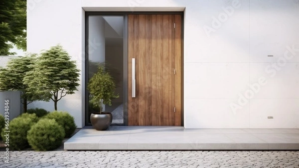 Fototapeta Clean entrance door by wooden with perfect matching white wall to make it homey. Generative AI Technology 