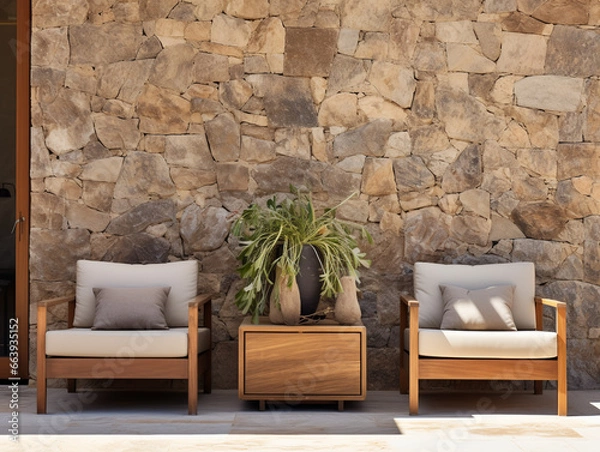 Fototapeta Two armchairs rest against a wall covered in stone pebble cladding, exemplifying a modern living room with a Mediterranean home interior design.