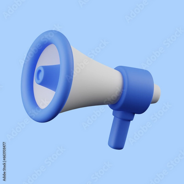 Fototapeta 3d megaphone icon on light blue background. 3d render illustration. Perfect for website or application design.