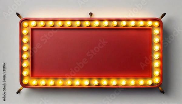 Fototapeta Red retro billboard lightbox or blank shining signboard with yellow glowing neon light bulbs isolated on white wall background with shadow