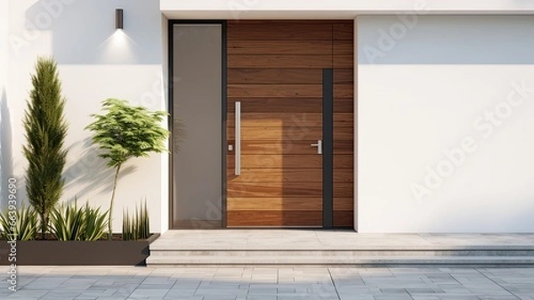 Fototapeta Clean entrance door by wooden with perfect matching white wall to make it homey. Generative AI Technology 