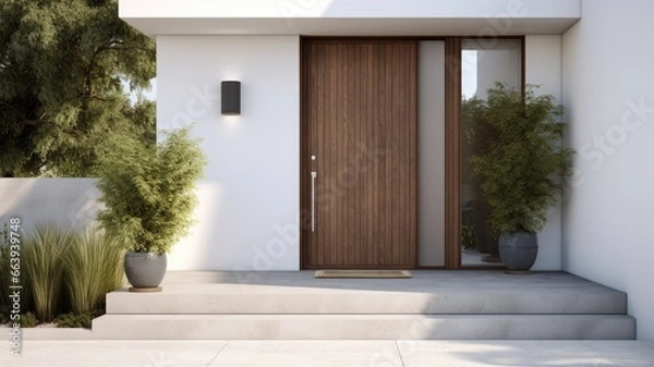 Fototapeta Clean entrance door by wooden with perfect matching white wall to make it homey. Generative AI Technology 