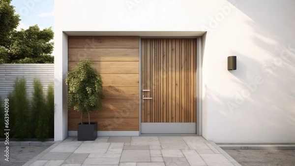 Fototapeta Clean entrance door by wooden with perfect matching white wall to make it homey. Generative AI Technology 