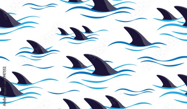 Obraz Shark fin silhouette and waves seamless pattern. Vector illustration.
