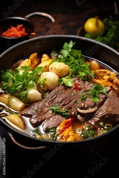 Fototapeta A Delicious Beef Broth with Bone-in Beef, Charred Vegetables, Garlic, and Spices