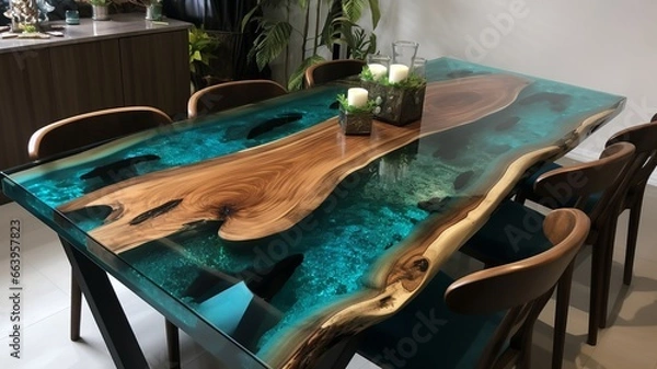 Fototapeta the world's coolest dining table, beautiful modern epoxy resin table