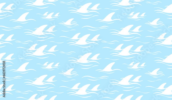 Obraz Shark fin silhouette and waves seamless pattern. Vector illustration.