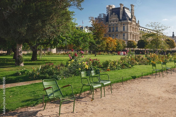Fototapeta Beautiful view of the Tuileries Garden and Louvre in autumn, Paris