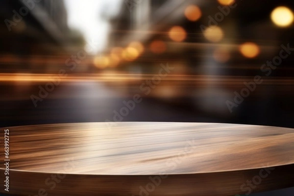 Fototapeta Warm toned wooden table against blurred city lights, an inviting display space with an urban evening ambiance.