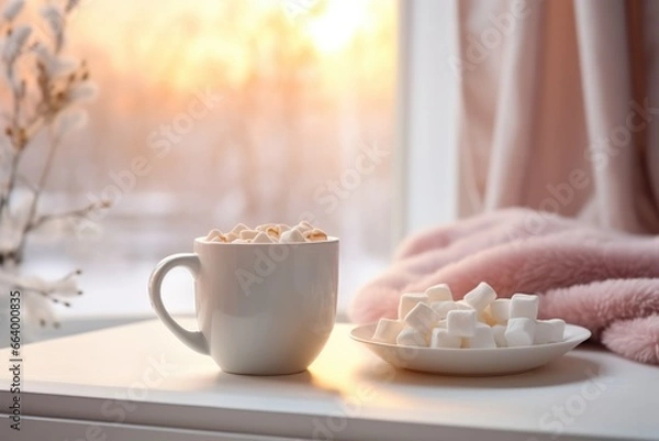 Obraz Cup of hot cocoa with marshmallow on a frosty morning in the sunshine