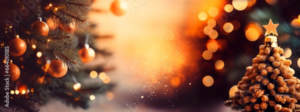 Fototapeta Festive winter christmas festive background with christmas tree christmas ornaments and background with blurred bokeh