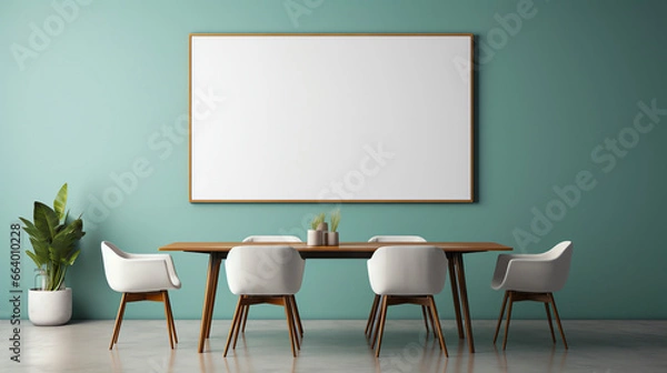 Fototapeta Quartz Top Table, Sling Chairs on Polished Concrete Floor, Mock Up Poster on Muted Teal Wall. Chic Modern-Minimalist Dining Room.