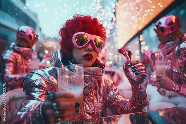Fototapeta cyborg robot drinking beer/coctail with a friend woman, outside, cold winter, bokeh lights, celebrating an imaginary friendship between technology and humans