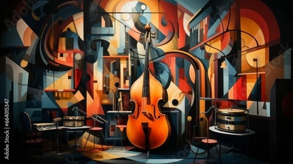 Fototapeta The melodic harmony of strings fills the vibrant room, as the grand cello stands alongside a colorful wall adorned with musical art, while a guitar, mandolin, and viol rest in the background