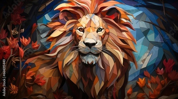 Fototapeta A majestic lion bursts to life on a vibrant canvas, its fierce yet playful essence captured in bold brushstrokes and a whimsical cartoon style