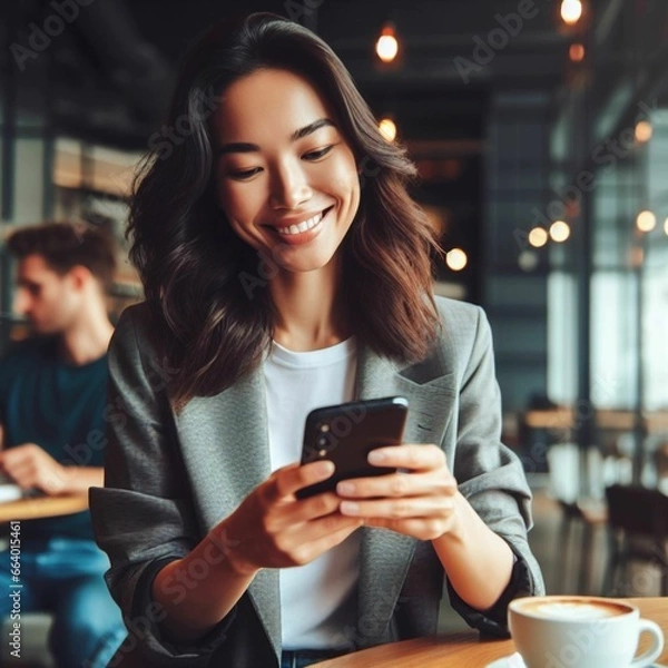 Fototapeta a woman smiling with a cell phone. IA Generativa