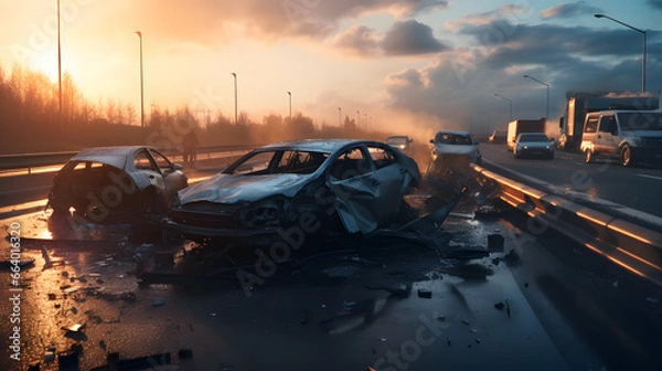 Obraz Escena de accidente de un coche en una autopista