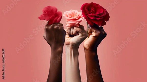 Obraz three female hands of different races, the palms of which are clenched into fists, each of which has a single rose flower on a soft pink background