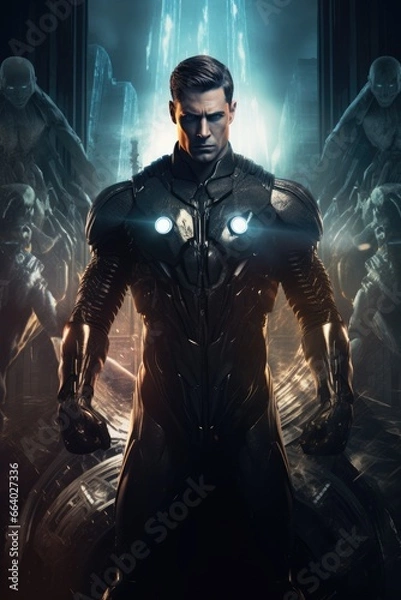 Fototapeta Tough strong man in a futuristic glowing steel suit, armor. black hair. clean shaved. si-fi background. Superhero, antihero, superpowers, hero, villain, rogue, fantasy action pose fiction costume. 