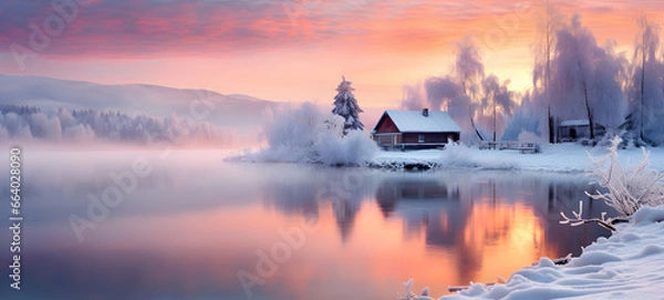 Obraz Misty Serenity, Golden Sunrise Embracing the Winter Wonderland
