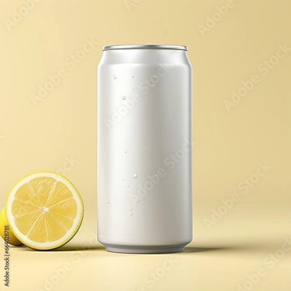 Fototapeta Lemon soda can mockup on yellow background, 3d illustration, Ai Generated