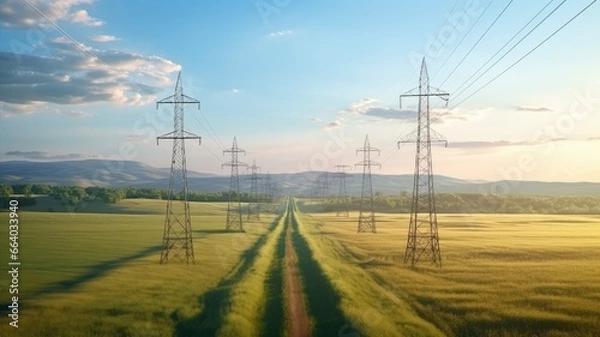 Obraz a straight row of high voltage pylons in the midst of a vast rural landscape, highlighting the long-reaching power lines disappearing into the horizon.