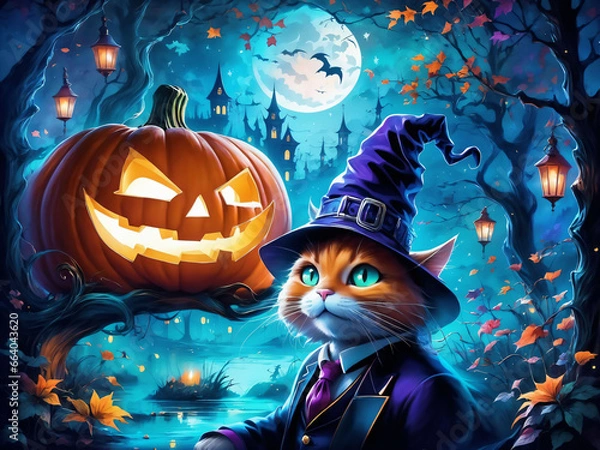 Obraz un gato disfrazado de bruja con una calabaza de fondo y una luna llena, pintura digital, arte gótico