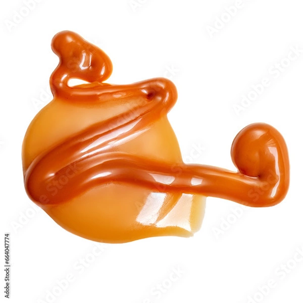 Fototapeta Caramel candies with melted caramel isolated on white background. Top view. Flat lay..
