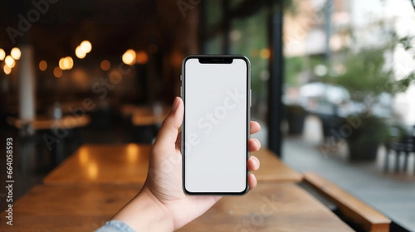 Obraz  Mockup image of a woman holding and using mobile phone with blank desktop screen