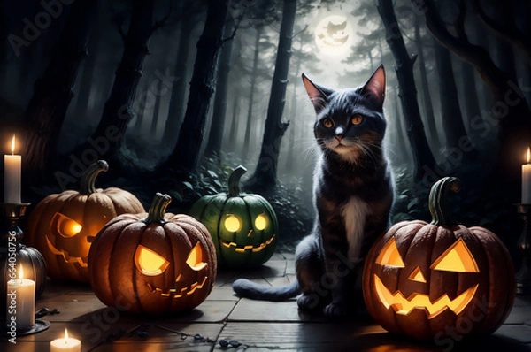 Obraz cat, pumpkins and candles