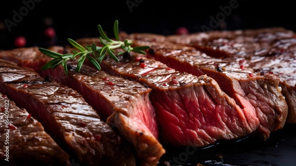 Fototapeta entrecote steak background. Soft shadows. on mettal plate. Clean sharp focus. High - end retouching. Professional color grading enhances their rich red hues, while soft shadows and clean sharp focus
