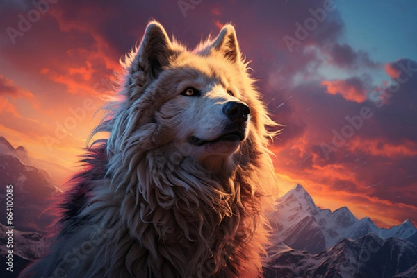 Fototapeta A vast frozen tundra, with snow - capped mountains in the background. In the foreground, a white wolf silhouette. AI generative