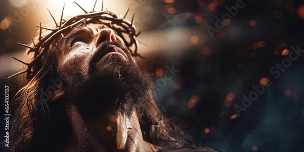 Obraz Religious scene with Jesus Christ wearing a crown of thorns looking up at heaven.