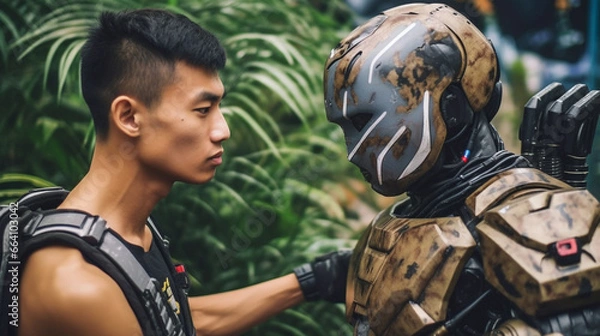 Fototapeta A young Asian man and his best friend, a humanoid android robot with artificial intelligence, in the countryside or jungle, military or militia or resistance fighter,